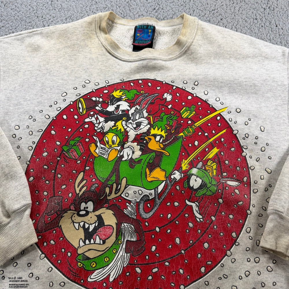 Vintage 1993 Looney Tunes Christmas Sweatshirt Mens‎ XL Gray Sun Sportswear USA
